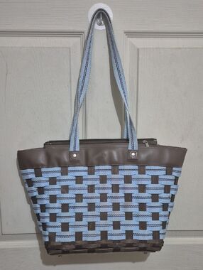 Woven Light Blue and Brown Tote Bag with Shoulder Straps